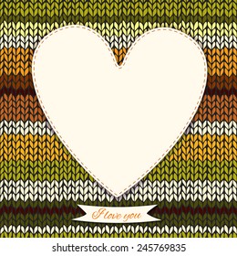 Romantic valentine's day knitted background with heart frame. Vector illustration