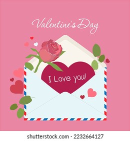 Romantic Valentine's Day letter to a loved one with a rose. Vector illustration of sending love concept in modern flat style.