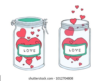 Romantic, Valentine's day, love concept vector illustration. Set of hand drawn doodle ellements. Cute colorful sketch invitation. Cartoon Jar with hearts. Cool print