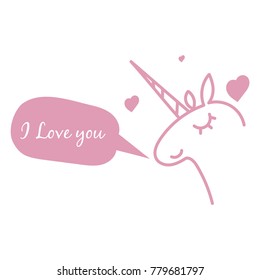 Romantic Valentines day love greeting card with cute unicorn. Vector illustration - love day. Card for February 14. The inscription "I love you" Be my valentine. Calligraphic inscription