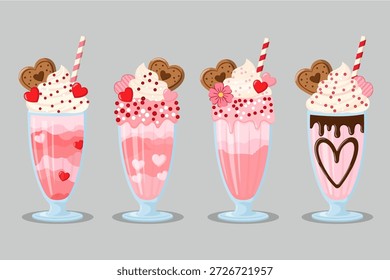 Romantic Valentine's Day Milkshake Set with Whipped Cream and Hearts