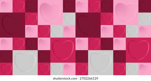 Um padrão romântico de mosaico do Dia dos Namorados com corações coloridos e azulejos geométricos. Perfeito para embrulhar papel, têxteis, cenários digitais, convites e desenhos românticos festivos.