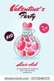 Romantic valentines day party invitation poster with jar fill of hearts. Vector illustration for celebrating love and holidays
