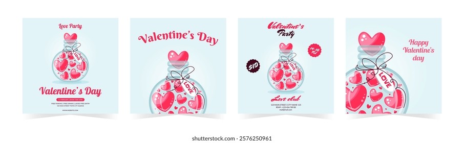 Romantic valentines day party invitation posters and cards with jar fill of hearts. Vector illustration set for celebrating love and holidays