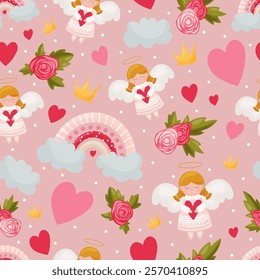 Romantic Valentines Day pattern with angels, rainbow, hearts, flowers. Trendy ornament for greeting cards. Vector design, cartoon style illustration