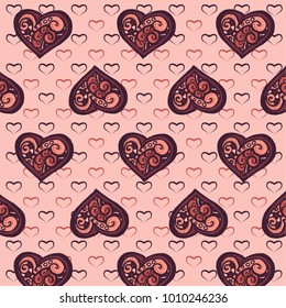 The romantic Valentine's day pattern of colorful hearts. The outline illustration isolated on a pink background with little hearts.