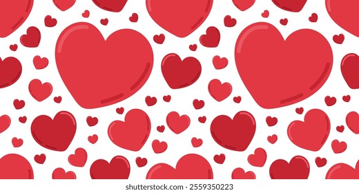 Romantic Valentine's Day pattern with red heart on white isolated background. Cute bright hearts - love symbols in vector festive valentine's style. For postcards, invitations, banners.