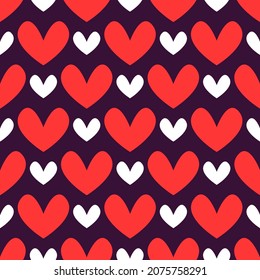 Romantic Valentines day pattern. Seamless dark background with red and white hearts. Vector hand drawn illustration.