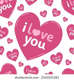 Romantic Valentine's Day pattern with vibrant pink hearts with phrase "I love you" on white background. Cute symbolic Valentine's Day hearts in cartoon - love style. For postcards, holiday prints.