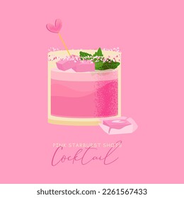 Romantic Valentines day pink shot cocktail. Holiday alcohol drink vector illustration isolated on pink background. Everything you need for party