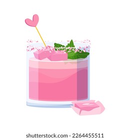 Romantic Valentines day pink shot whiskey cocktail. Holiday alcohol drink vector illustration isolated on white background. Everything you need for party