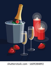 Romantic Valentine's day proposal/ date/ declaration of love vector illustration featuring champagne glasses, candles and strawberries.  