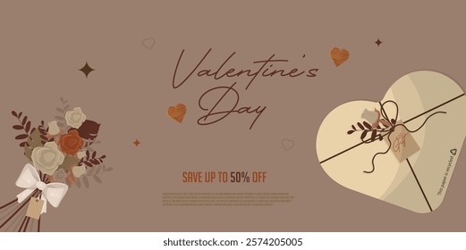 Romantic Valentine's Day Sale Banner with Heart Box. Eco-friendly Valentine's Day promotional banner. Sustainable gift wrapping. Ecological love. Flat style. Vector illustration. 