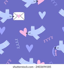 Romantic Valentine's day seamless pattern with birds. Vector illustration