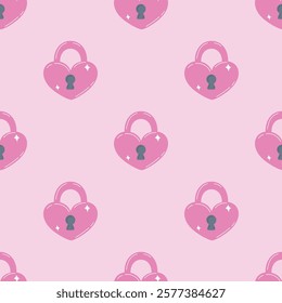 romantic valentines day seamless pattern with small bright pink heart shaped lock on pink background