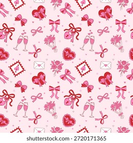 Romántico Día de San Valentín Patrón sin fisuras con corazones atados con lazo, flautas de champán, ramos de rosas, cartas de amor, sellos en forma de corazón y cintas decorativas. Ideal para invitaciones de boda, envoltura de regalos, Plantillas de redes sociales, decoración de guardería o Materiales promocionales de marca para mujeres.