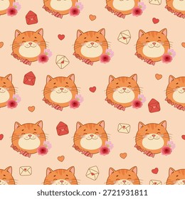 Dia dos Namorados romântico padrão sem costura com bonitos gatos laranja, rosas e cartas de amor. Adorável ginger cat e fundo floral rosa vermelha com corações e doces.