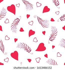 Romantic Valentine's Day seamless vector pattern with red love hearts and falling  feathers on white background.