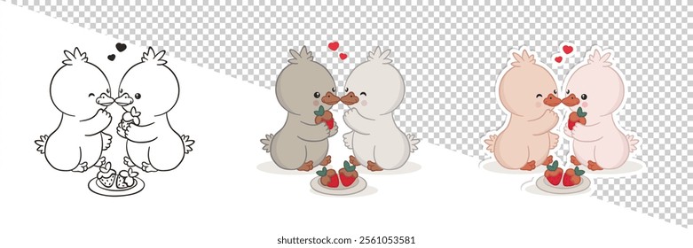 Romantic Valentine's day set of colorful hand drawn, outline illustrations and cute sticker with two charming cartoon ducklings share chocolate-covered strawberries together, surrounded by hearts. 