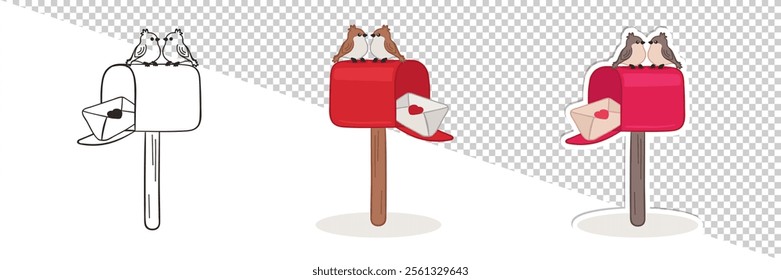 Romantic Valentine's day set of colorful hand drawn, outline illustrations and cute sticker with two charming sparrows perch atop a red mailbox with an open door, revealing a love letter with a heart