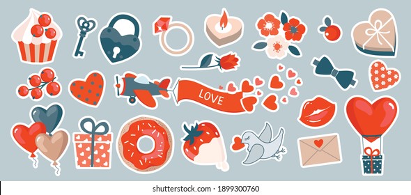 Romantic Valentine's Day set with elements: airplane, balloon, gifts, ring, padlock, key, flowers. Vector, gray background, isolated.