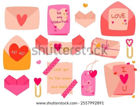 Romantic valentine's day set. Letters, messages of love, hearts. Collection of cute elements, symbols of love. flat vector illustration on white background.