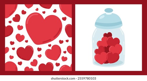 Romantic Valentine's Day set with red heart pattern and illustration of jar filled with hearts. Cute vector love symbols in heart-themed decor idea concept. For cards, invitations, prints.