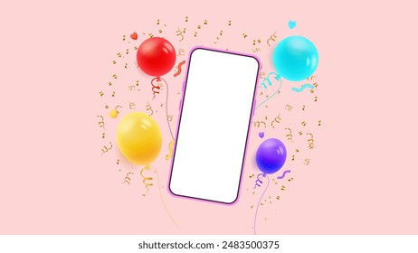 Romantic Valentine's Day Smartphone Mockup. Vector Illustration with Hearts, Balloons and Confetti. Vector.