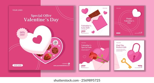 Romantic Valentine's Day Social Media Post Illustration in Flat Cartoon Background