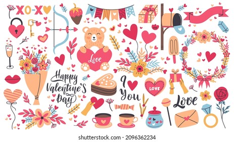 Pegatinas de día de San Valentín romántico, forma de corazón y carta de amor. Elementos de San Valentín, dulces, flores y regalos ilustrados vectoriales. Pegatinas románticas de vacaciones. Presentaciones para las insignias del asociado