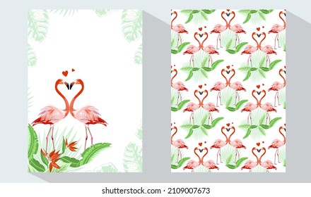 Romantic Valentine's Day template. Invitation card with Two flamingos in love and tropical palm leaves, plants, bird of paradise.Wedding invitation card, flyer, banner 