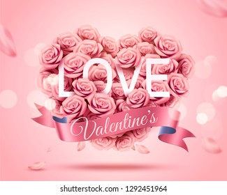 Romantic Valentine's Day template with paper rose heart shape bouquet in 3d illustration