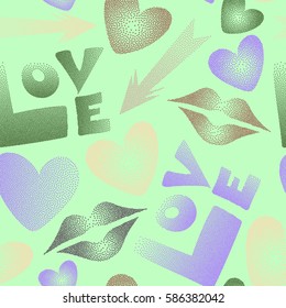 Romantic Valentine's day theme. Seamless pattern with arrow, hearts, kiss, lips, love text in dots. Vector pattern in violet, beige and green colors.