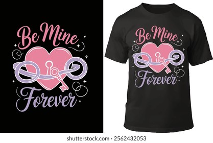 "Romantic Valentine's Day T-shirt design with a heart, key, and elegant text reading 'Be Mine Forever' in pink and purple hues. Ideal for love-themed apparel, gifts, and print-on-demand projects."