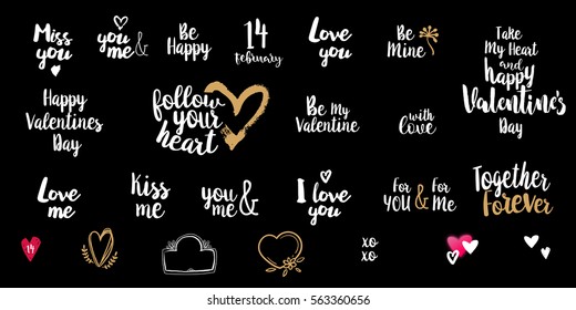 Romantic Valentines day typography set with golden color on black background. Lettering elements. Love you. Be my Valentine. Follow your heart. Happy Valentines Day. Vector art