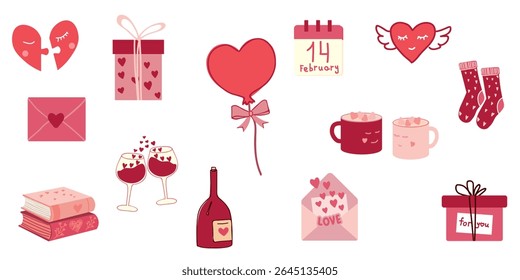 Romantic Valentine's Day vector icons set with heart balloons, wine, gifts, love letters, and February 14 calendar, perfect for greeting cards and celebration designs