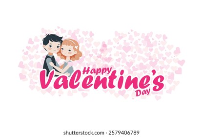 Romantic Valentine's Day Vector Illustration with Cute Couple Hugging and Heart Background