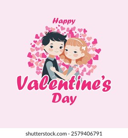 Romantic Valentine's Day Vector Illustration with Cute Couple Hugging and Heart Background