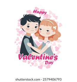 Romantic Valentine's Day Vector Illustration with Cute Couple Hugging and Heart Background