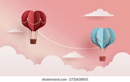 Romantic Valentine's Day vector illustration in 3D paper cut style, featuring two heart hot air balloons in red and blue colors connected by a string, floating together in a sweet pink sky.