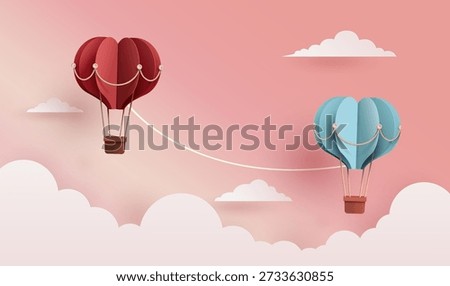Romantic Valentine's Day vector illustration in 3D paper cut style, featuring two heart hot air balloons in red and blue colors connected by a string, floating together in a sweet pink sky.