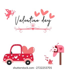 Romantic Valentine's Day vector set featuring a truck with hearts, a mailbox, and cupid icons. Ideal for greeting cards, seasonal marketing, and social media decorations.