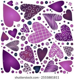 Romantic Valentines Day Vector Sticker Set with Gradient Hearts, Dots and Purple Patterns