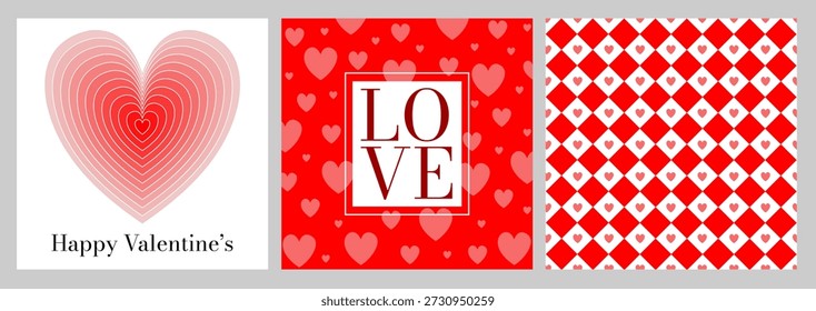 Das romantische Valentinstag-Design bietet herzförmige, Liebe Typografie und nahtlose Muster. Perfekt für Valentinskarten, Valentinshintergründe, Hintergrundbilder, Grüße und moderne Bilder zum Thema Liebe.