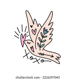 Romantic Valentines dove bird holding heart illustration, 70s 60s sixties style print. Colorful funny carton character isolated on white background. Vector clipart print for poster design, patch
