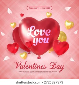 Romantic Valentines image featuring large red heart balloons with smaller gold and red accents, a soft pink background, and elegant script Valentines Day for holiday cards or promotions.
