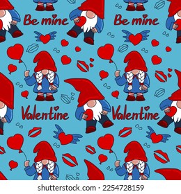 Romantic valentines seamless pattern with gnome boys and girls, hearts, kisses, quotes and balloons on blue background. Flat retro vector pattern. Best for wrapping, decoration and background
