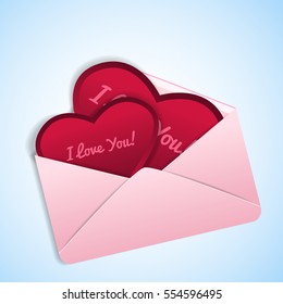 Romantic valentines in shape of red hearts with love confessions in pink envelope on light blue background flat vector illustration