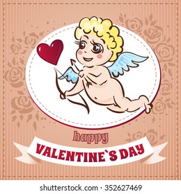 Romantic Valentin`s day card with Cupid and a heart. 