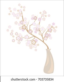 Romantic vase with a delicate cherry blossom. Exquisite petals and delicate floral fragrance. Decoration of a festive table and an excellent gift for a loved one. Vector illustration.